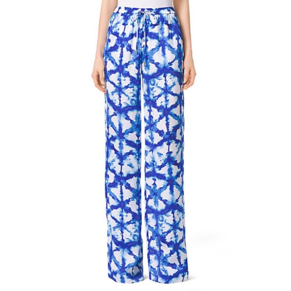 MICHAEL Michael Kors Blue Tie-Dye Shibori Wide-Leg Silk Pants | Size M |